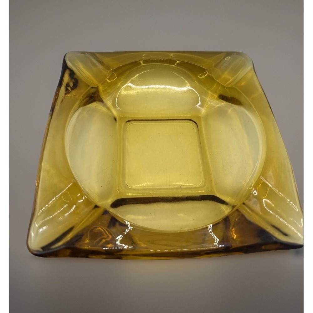 Vintage Yellow Amber Glass Ashtray Cigar Mid Century Modern Heavy Retro 6 inch